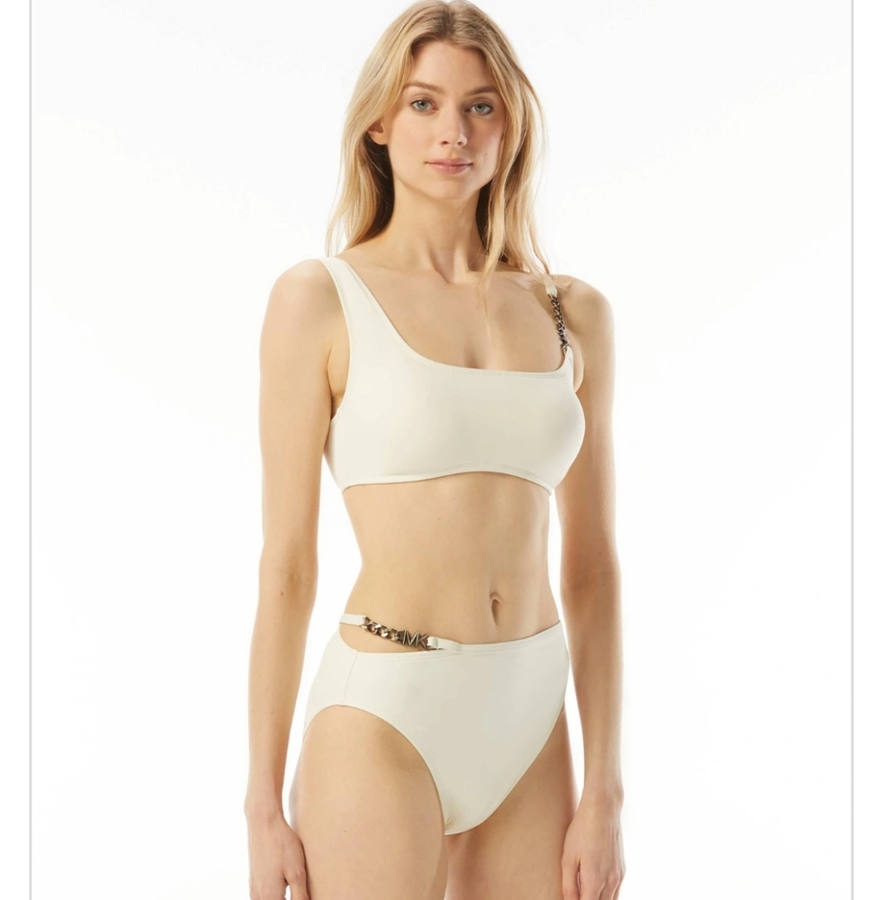 MICHAEL Michael Kors Signature Solids gunmetal Logo Chain cream bone swim top